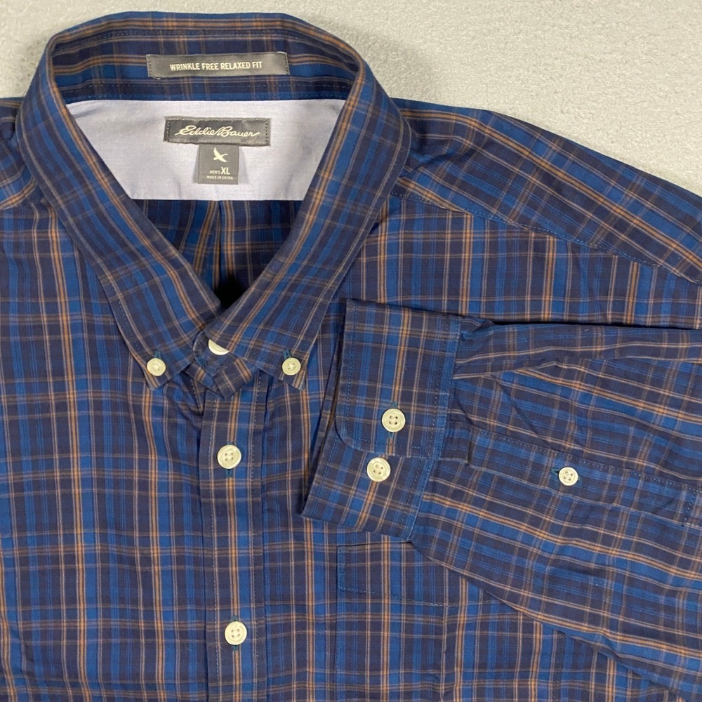 Eddie Bauer Button Down Shirt Mens XL Blue‎ Plaid Wrinkle Free Relaxed Fit 8522